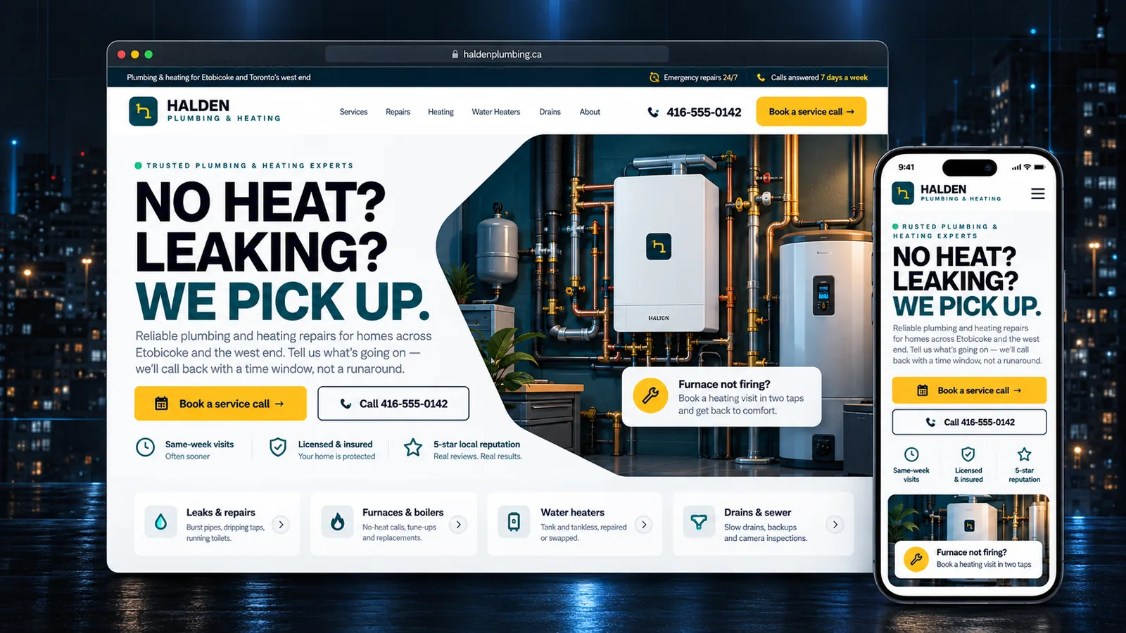 Halden Plumbing & Heating: desktop and mobile homepage design