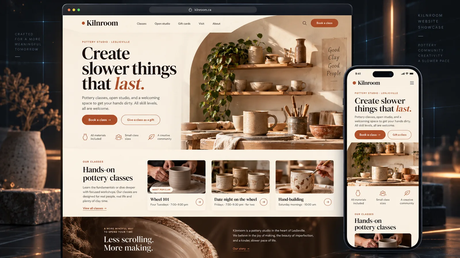 Kilnroom pottery studio: desktop and mobile homepage design