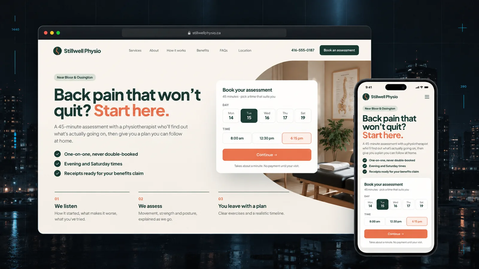 Stillwell Physio: desktop and mobile homepage design with a booking picker in the hero